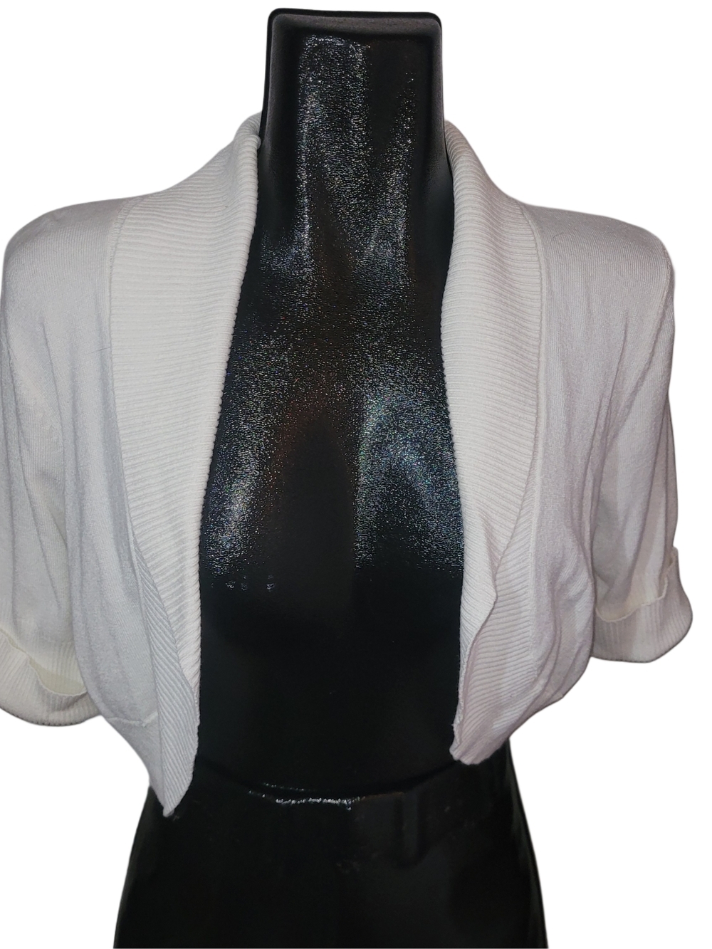Suzy Shier White Short Sleeve Open Front Lace Back Sweater Bolero Size XL